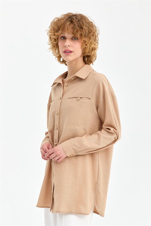 Sim Detaylı Keten Gömlek-CAMEL