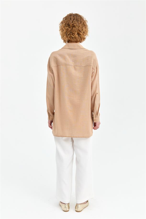 Sim Detaylı Keten Gömlek-CAMEL