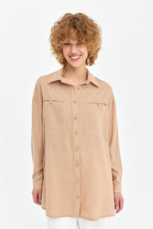 Sim Detaylı Keten Gömlek-CAMEL