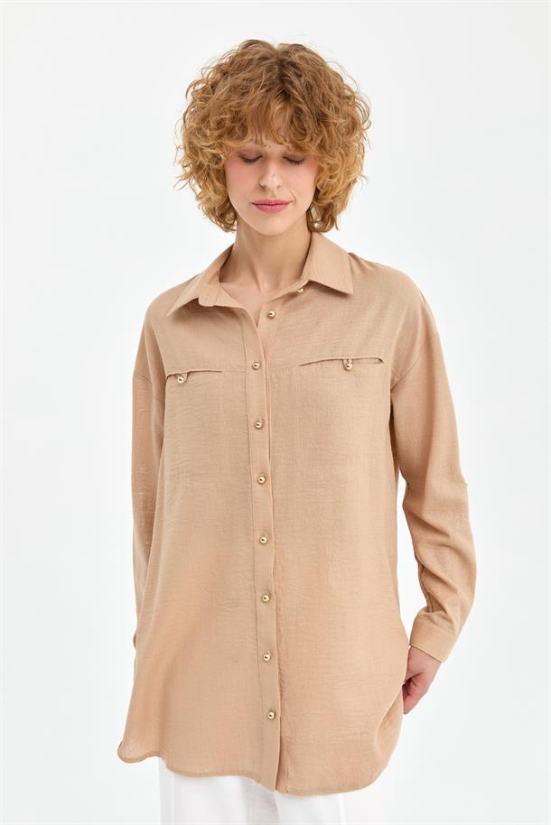 Sim Detaylı Keten Gömlek-CAMEL