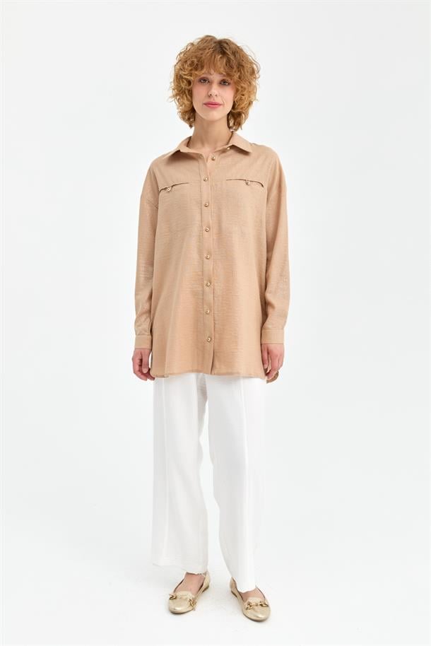 Sim Detaylı Keten Gömlek-CAMEL
