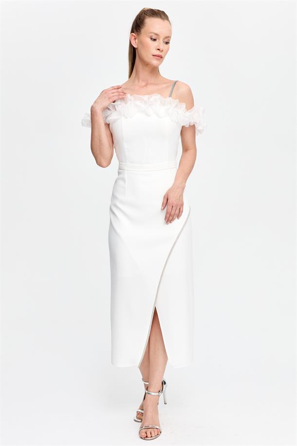 Sim Şerit ve Fırfır Detaylı Abiye-EKRU