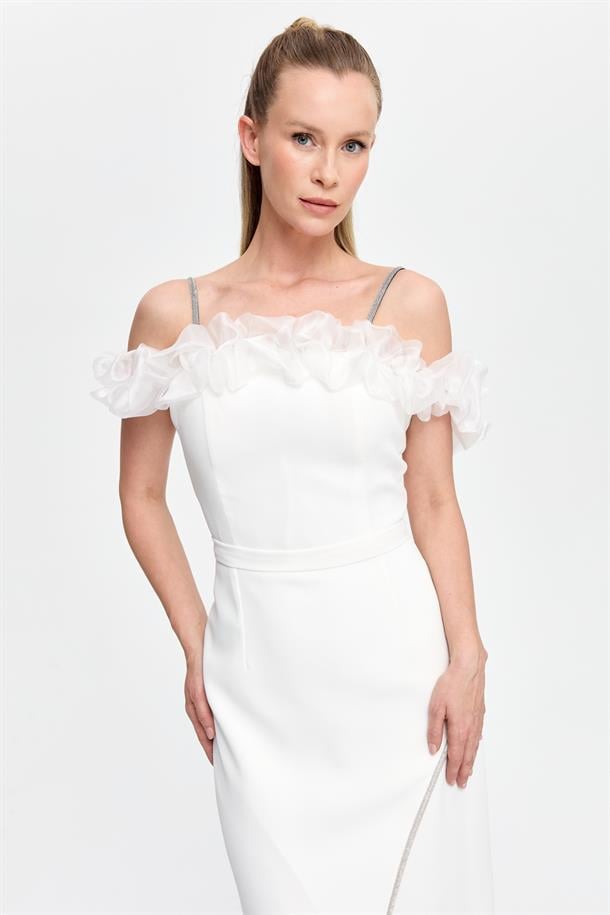 Sim Şerit ve Fırfır Detaylı Abiye-EKRU