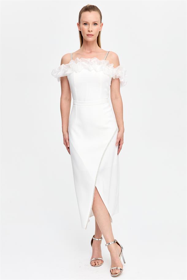 Sim Şerit ve Fırfır Detaylı Abiye-EKRU