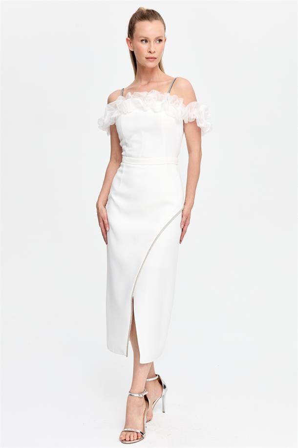 Sim Şerit ve Fırfır Detaylı Abiye-EKRU