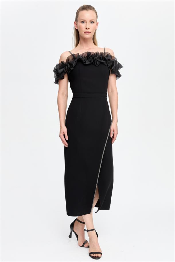 Sim Şerit ve Fırfır Detaylı Abiye-SİYAH