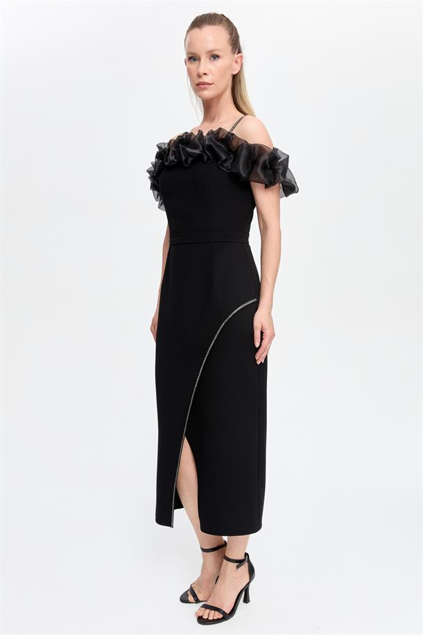 Sim Şerit ve Fırfır Detaylı Abiye-SİYAH