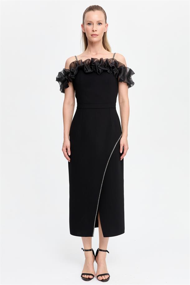 Sim Şerit ve Fırfır Detaylı Abiye-SİYAH