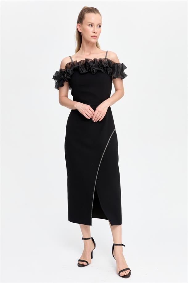 Sim Şerit ve Fırfır Detaylı Abiye-SİYAH