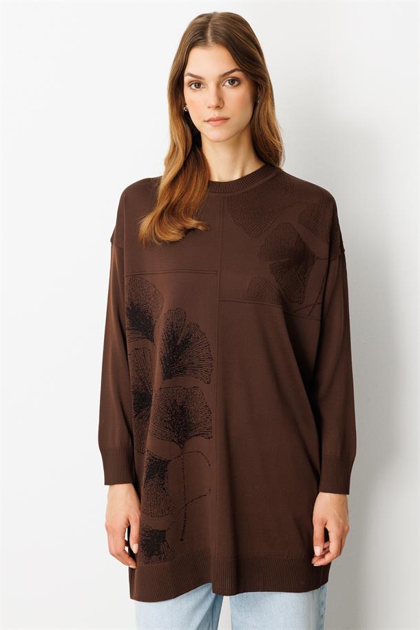 Simli Çiçek Detaylı Triko Tunik-KAHVE