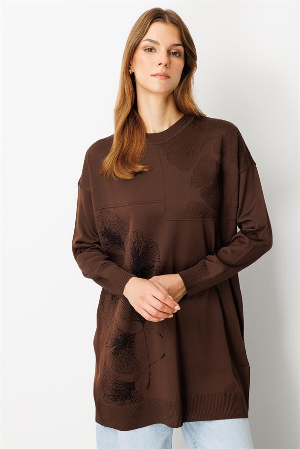 Simli Çiçek Detaylı Triko Tunik-KAHVE