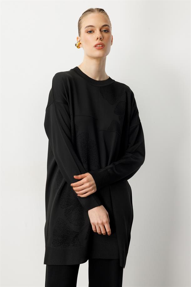 Simli Çiçek Detaylı Triko Tunik-SİYAH