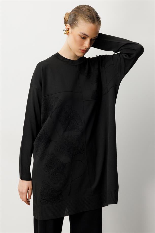 Simli Çiçek Detaylı Triko Tunik-SİYAH
