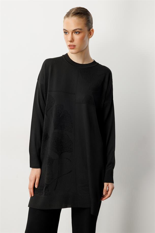 Simli Çiçek Detaylı Triko Tunik-SİYAH