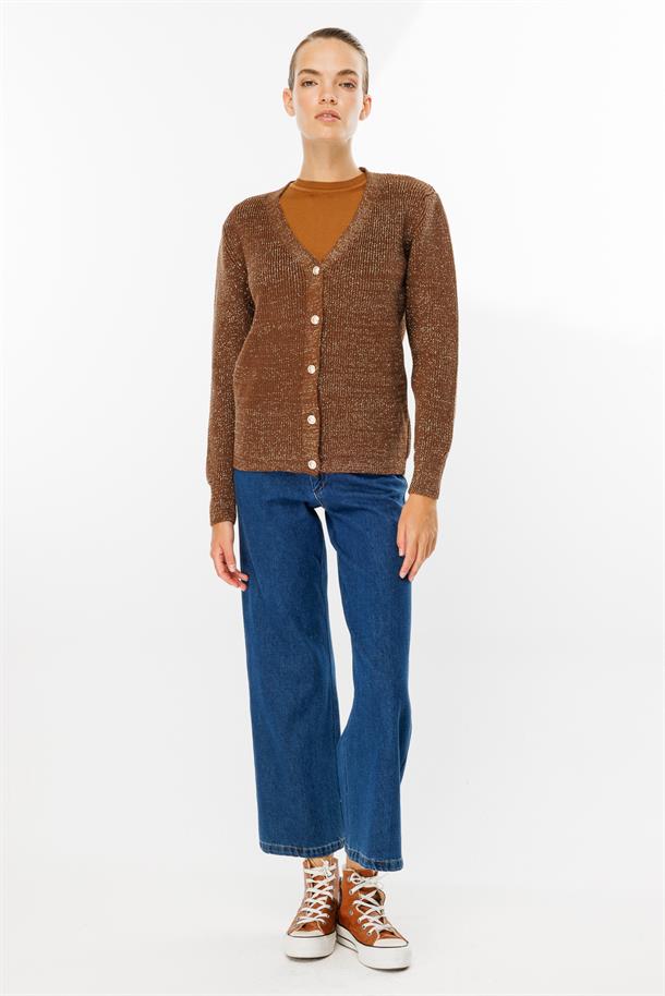 Simli Düğmeli Triko Hırka-KAHVE