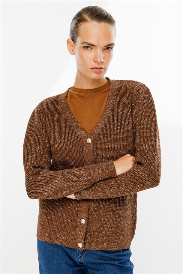 Simli Düğmeli Triko Hırka-KAHVE