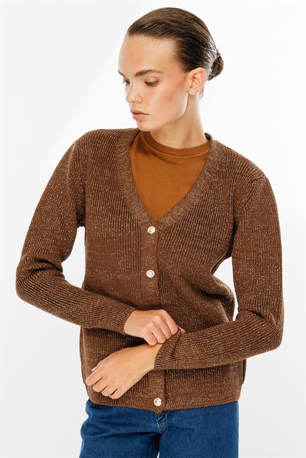 Simli Düğmeli Triko Hırka-KAHVE