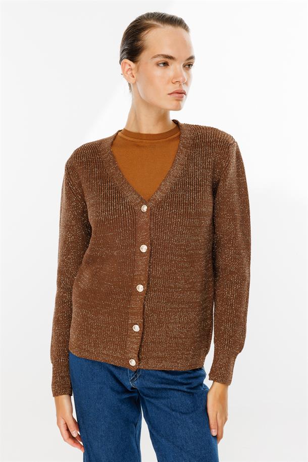 Simli Düğmeli Triko Hırka-KAHVE