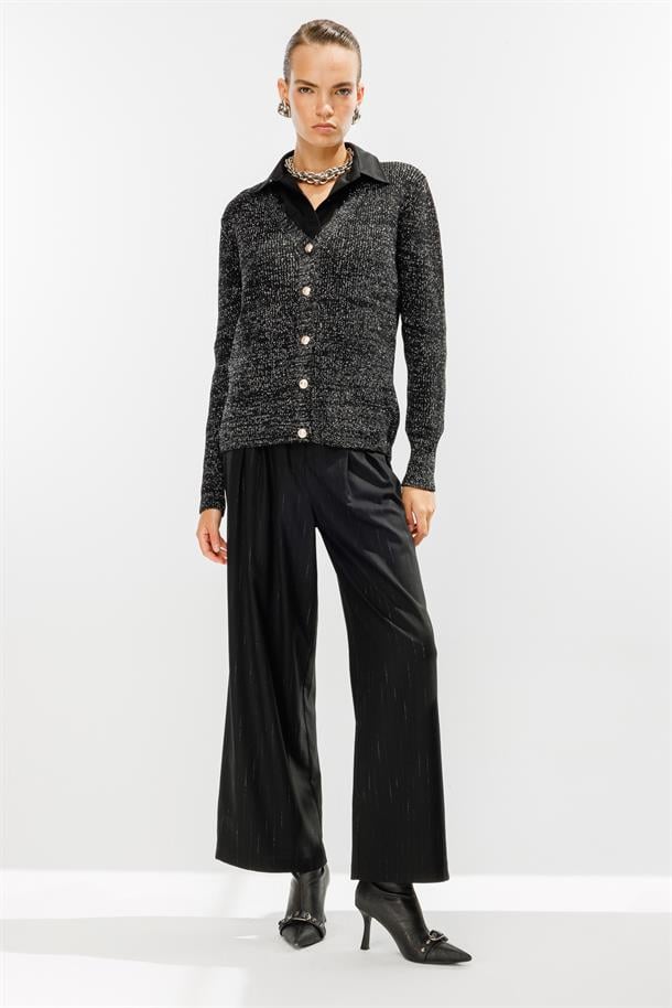 Simli Düğmeli Triko Hırka-SİYAH