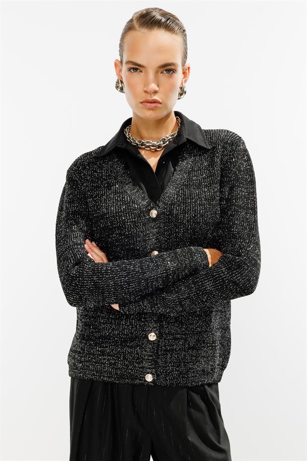 Simli Düğmeli Triko Hırka-SİYAH