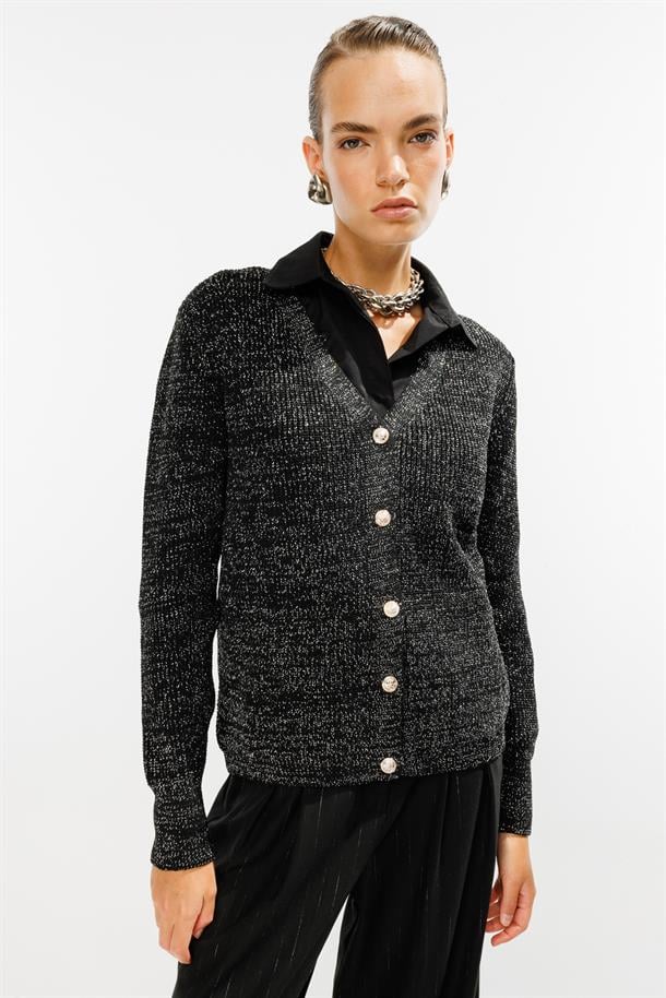 Simli Düğmeli Triko Hırka-SİYAH