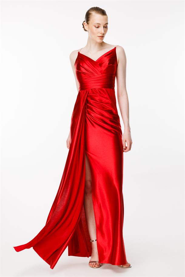 Simli İp Askılı Yırtmaçlı Saten Abiye-KIRMIZI