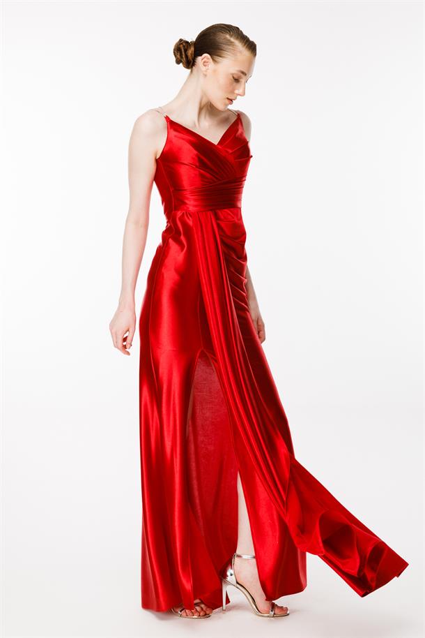 Simli İp Askılı Yırtmaçlı Saten Abiye-KIRMIZI