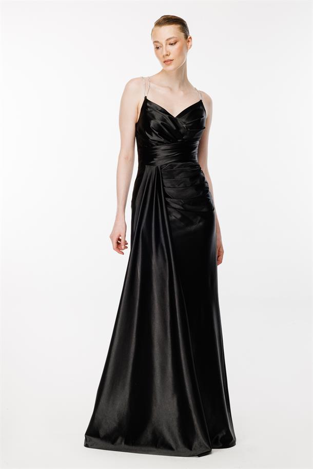 Simli İp Askılı Yırtmaçlı Saten Abiye-SİYAH