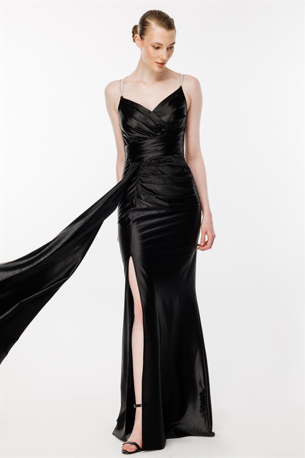 Simli İp Askılı Yırtmaçlı Saten Abiye-SİYAH