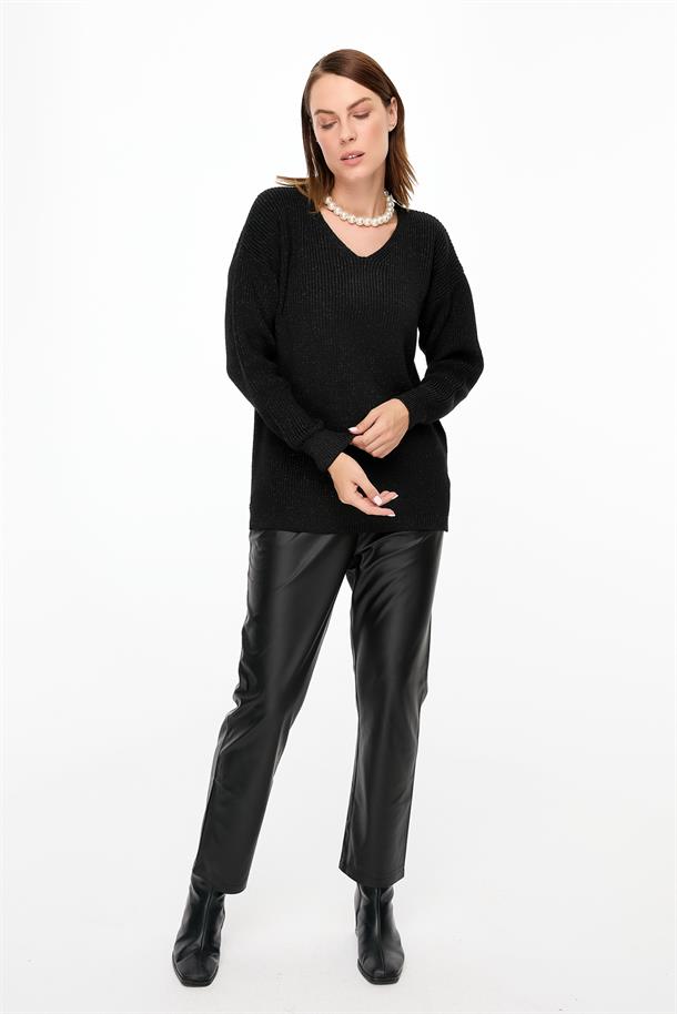 Simli V Yaka Triko Kazak-SİYAH