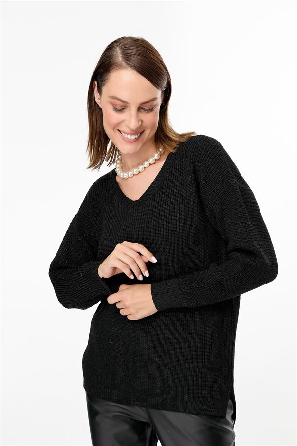 Simli V Yaka Triko Kazak-SİYAH