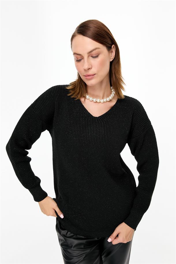 Simli V Yaka Triko Kazak-SİYAH