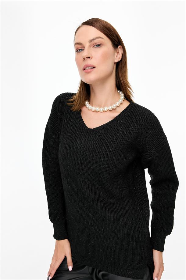 Simli V Yaka Triko Kazak-SİYAH