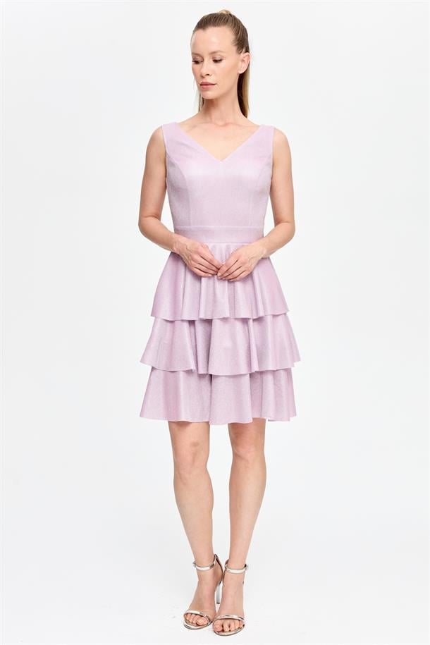 Simli ve Kat Kat Detaylı Kısa Abiye-PUDRA