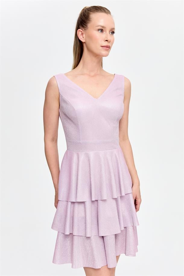 Simli ve Kat Kat Detaylı Kısa Abiye-PUDRA