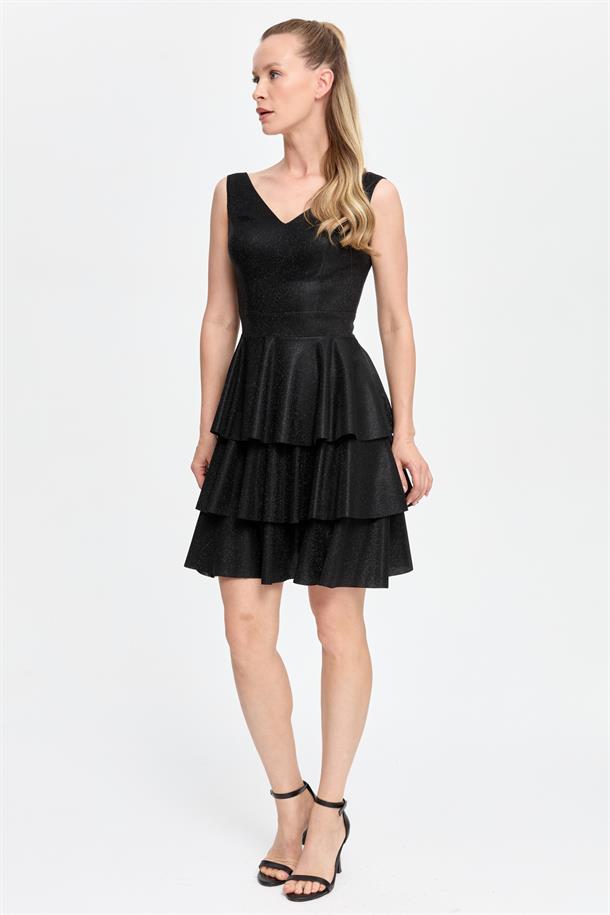 Simli ve Kat Kat Detaylı Kısa Abiye-SİYAH