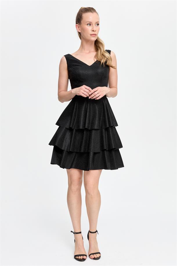 Simli ve Kat Kat Detaylı Kısa Abiye-SİYAH