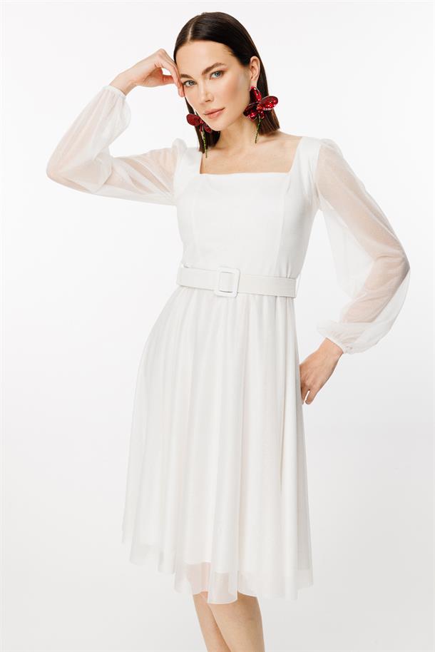 Simli Ve Kemerli Kısa Abiye Elbise-BEYAZ