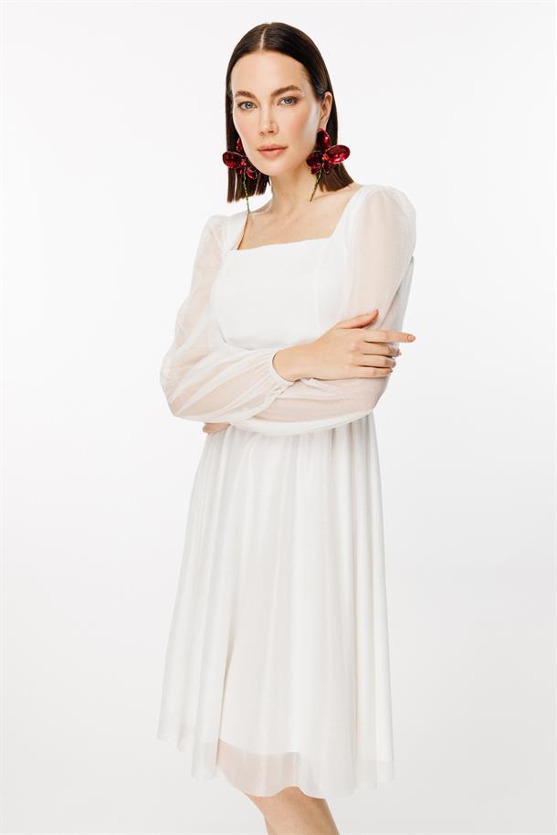 Simli Ve Kemerli Kısa Abiye Elbise-BEYAZ