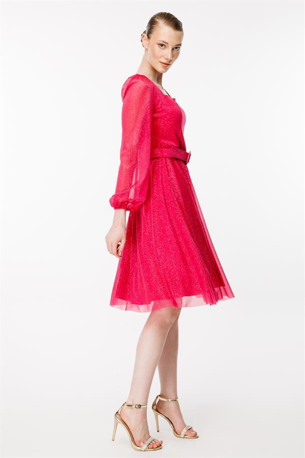 Simli Ve Kemerli Kısa Abiye Elbise-FUJYA