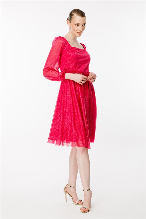 Simli Ve Kemerli Kısa Abiye Elbise-FUJYA