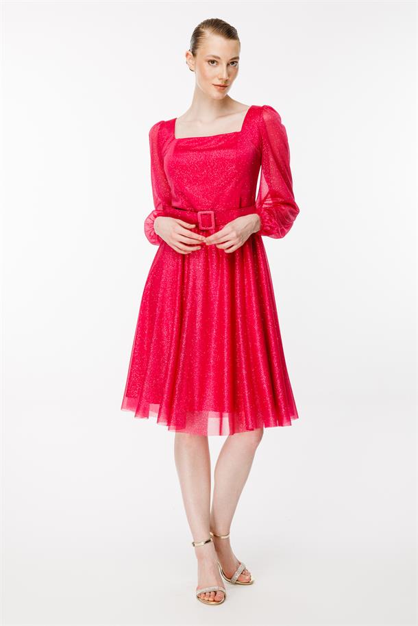 Simli Ve Kemerli Kısa Abiye Elbise-FUJYA