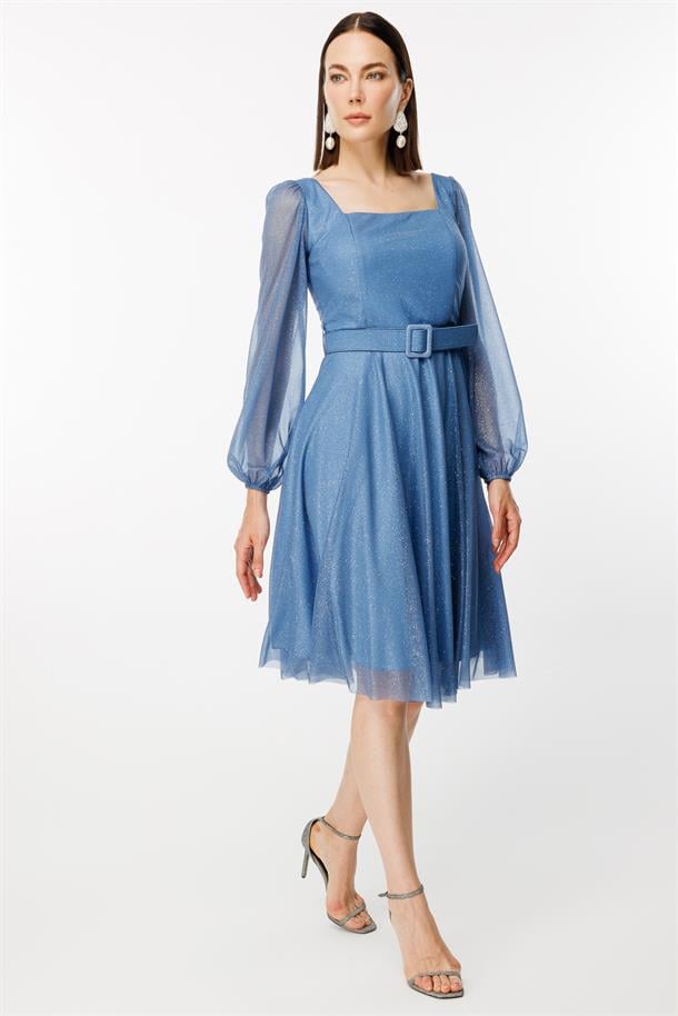 Simli Ve Kemerli Kısa Abiye Elbise-İNDİGO