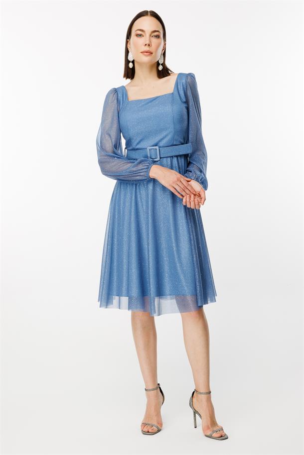 Simli Ve Kemerli Kısa Abiye Elbise-İNDİGO