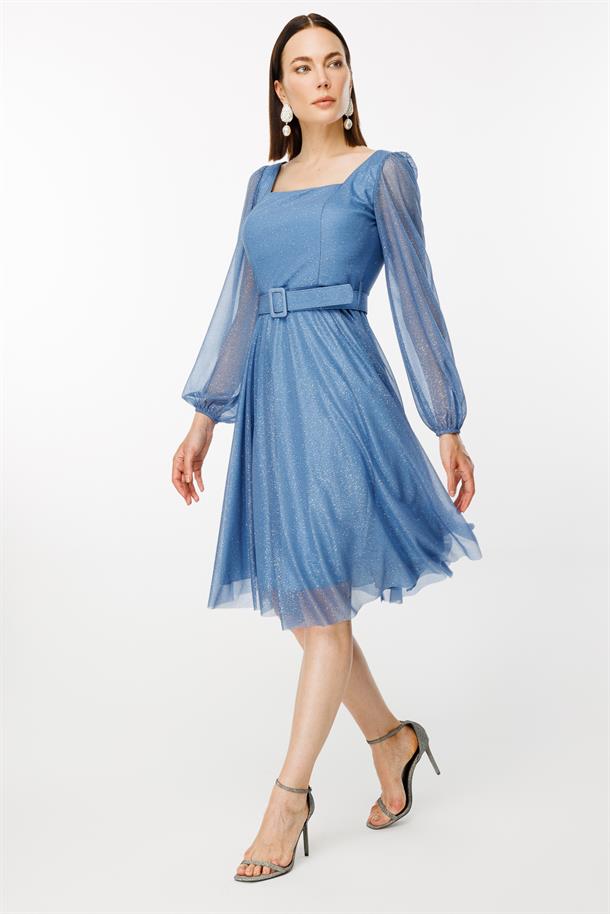 Simli Ve Kemerli Kısa Abiye Elbise-İNDİGO