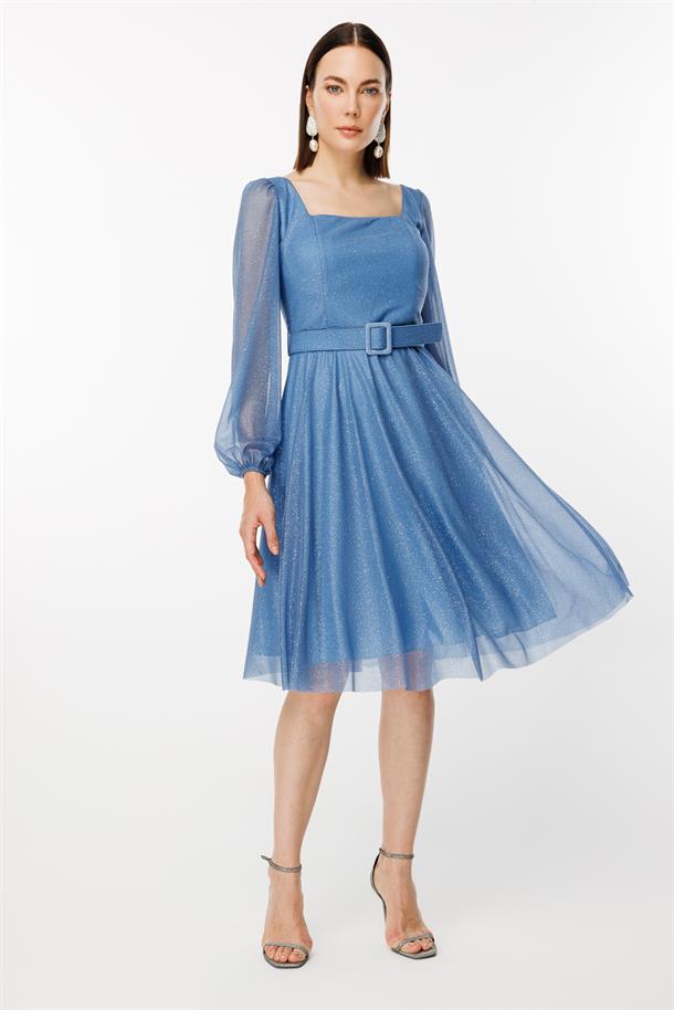 Simli Ve Kemerli Kısa Abiye Elbise-İNDİGO