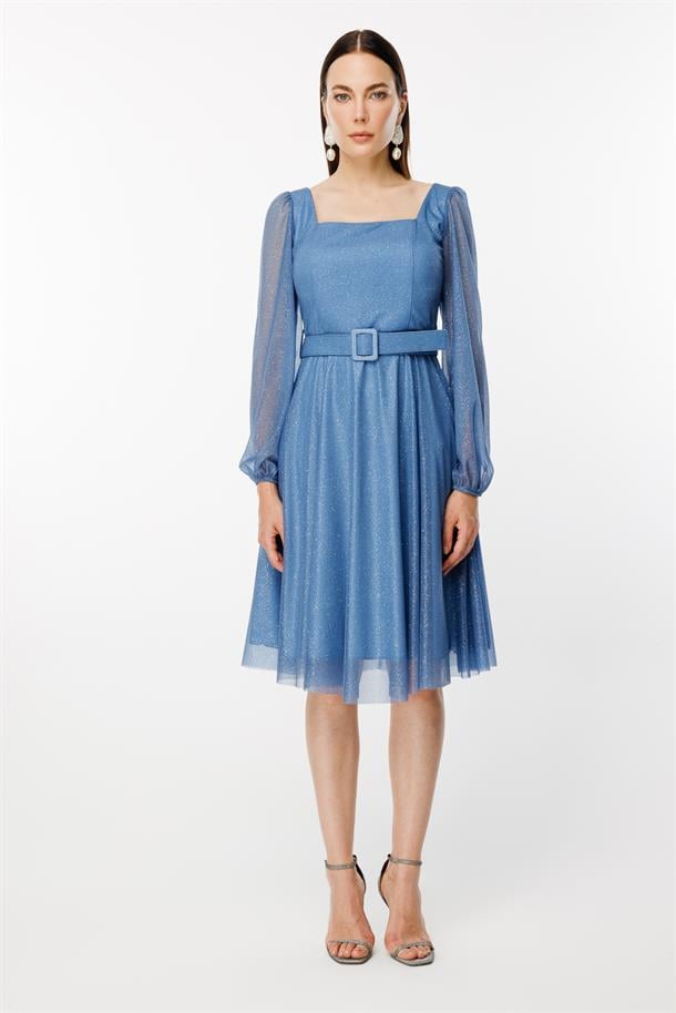 Simli Ve Kemerli Kısa Abiye Elbise-İNDİGO