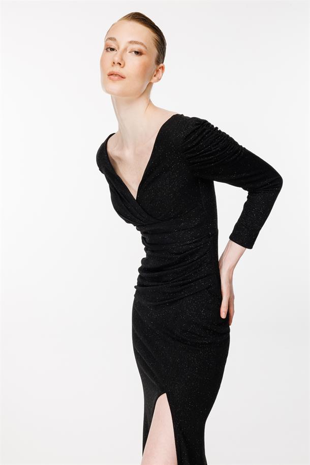 Simli Ve Yırtmaç Detaylı Uzun Abiye-SİYAH