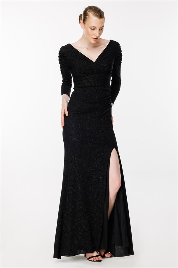 Simli Ve Yırtmaç Detaylı Uzun Abiye-SİYAH