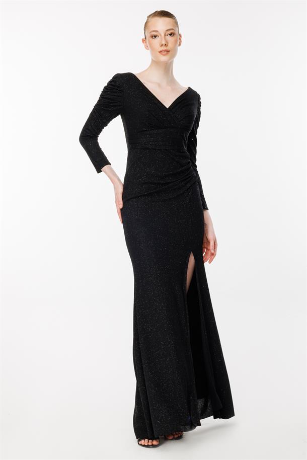 Simli Ve Yırtmaç Detaylı Uzun Abiye-SİYAH